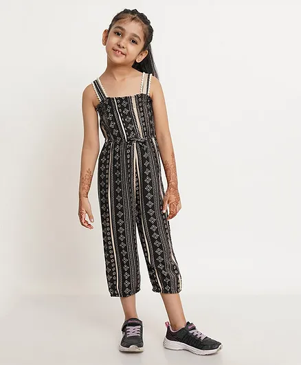 Creative Kids Sleeveless Striped And Floral Motif Printed Smocked Jumpsuit - Black White