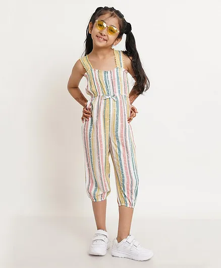 Creative Kids Sleeveless Abstract Striped Smocked Jumpsuit - Yellow Pink