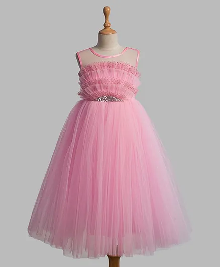Toy Balloon Sleeveless Sequins Embellished Ruffle Detail Gown - Baby Pink