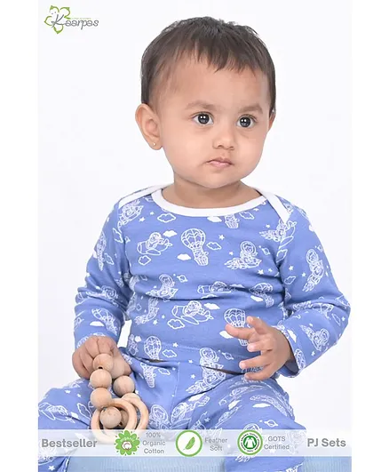 Kaarpas Organic Cotton Full Sleeves Hot Air Balloon & Aeroplane Printed Tee & Pajama Set - Blue