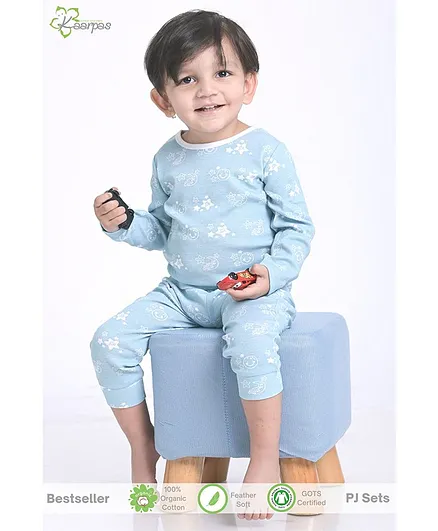 Kaarpas Organic Cotton Full Sleeves Bright Star & Moon Printed Tee & Pajama Set - Sky Blue