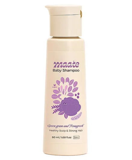 Maate Baby Shampoo Enriched with Green Gram, Fenugreek, and Cabbage Rose Extracts Soft & Shiny Baby Hair with Extra Mild Natural Cleansers  Paraben and Sulphate-Free  pH Balanced, Soap Free & Tear-Free Natural & Vegan- 50 ml