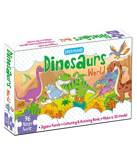 Dinosaurs World Jigsaw Puzzle with Colouring & Activity Book and 3D Models Multicolour - 96 Pieces