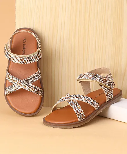 Babyoye Marble Print Sandals with Velcro Closure - Tan Brown