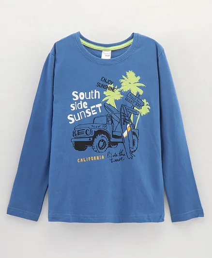 Taeko Cotton Knit Full Sleeves T-Shirt Cars & Text Printed - Blue