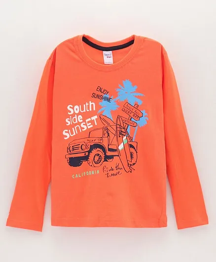 Taeko Cotton Knit Full Sleeves T-Shirt Cars & Text Printed - Orange