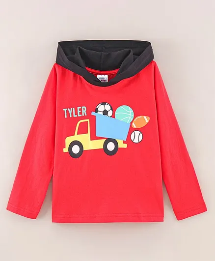 Taeko Cotton Knit Full Sleeves Hooded T-Shirts Truck Print - Red