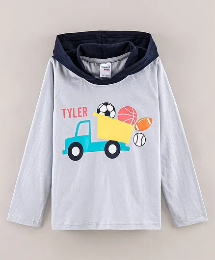Taeko Cotton Knit Full Sleeves Hooded T-Shirts Truck Print - Grey