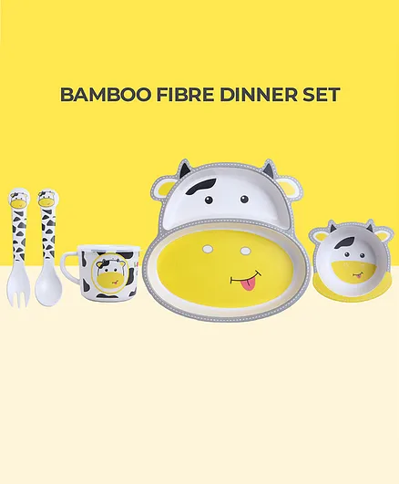 Polka Tots Bamboo Fiber Kids Crockery Dinner Set Eco Friendly Bamboo Cow Themed Pack of 5 - White and Yellow