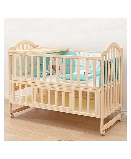 Polka Tots Elegant Wooden Rocking Cradle Baby Crib Cot Multifunctional Adjustable Bedding Set With Mosquito Net Bumper Set Pillow & Mat - Beige