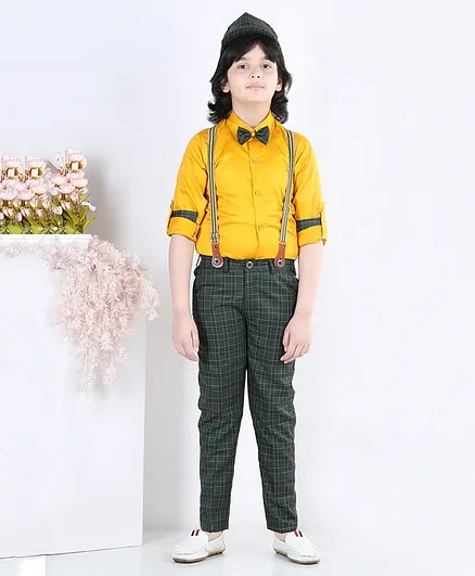 AJ Dezines Full Sleeves Solid Suspender Shirt & Checked Pant With Coordinaiting Cap & Bow - Yellow & Green
