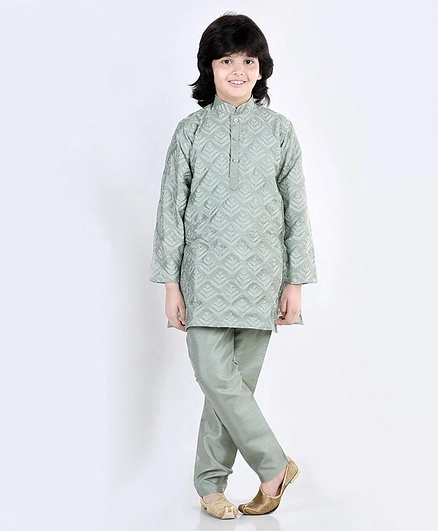 AJ Dezines Full Sleeves All Over Leaf Motif Embroidered Kurta With Coordinating Pyjama - Green