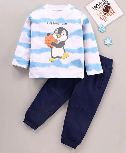 Babyhug Cotton Full Sleeves T-Shirt & Lounge Pant Set Penguin Print - Light Blue