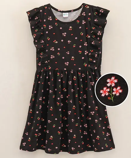 Hola Bonita Flutter Sleeves Knit Dress Floral Print - Black