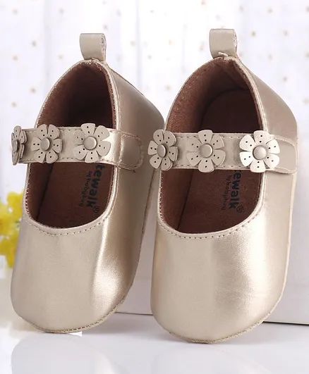 Cute Walk by Babyhug Booties With Velcro Closure & Flower Applique- Gold