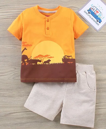 Babyhug Half Sleeves T-Shirt And Shorts Set Jungle Safari Print - Orange