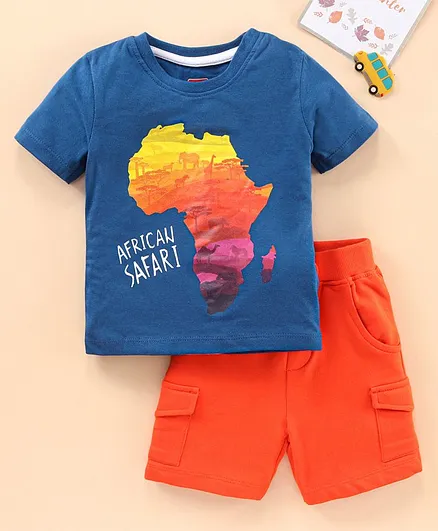 Babyhug Cotton Knit to Knit Half Sleeves African Safari Printed Tee & Shorts Set - Blue Orange