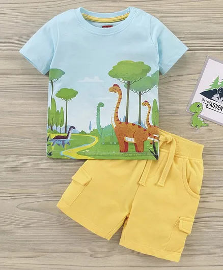 Babyhug Half Sleeves Cotton T Shirt And Shorts Set Dino Print - Light Blue Yellow
