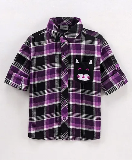 Rikidoos Full Sleeves Cat Patch Chequered Shirt - Purple & Black