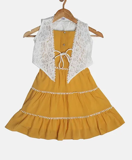 Peppermint Sleeveless Lace Embellished Tiered Flared Dress With Lace Front Tie Up Cape - Mustard Yellow