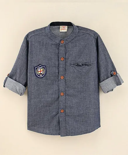 Rikidoos Full Sleeves Patch Detail Shirt - Navy Blue