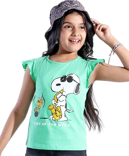 Pine Kids Frill Sleeves Bio Washed T-Shirt Snoopy Print - Light Green