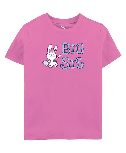 Zeezeezoo Half Sleeves Big Sis & Bunny Placement Printed 100% Cotton Tee - Pink