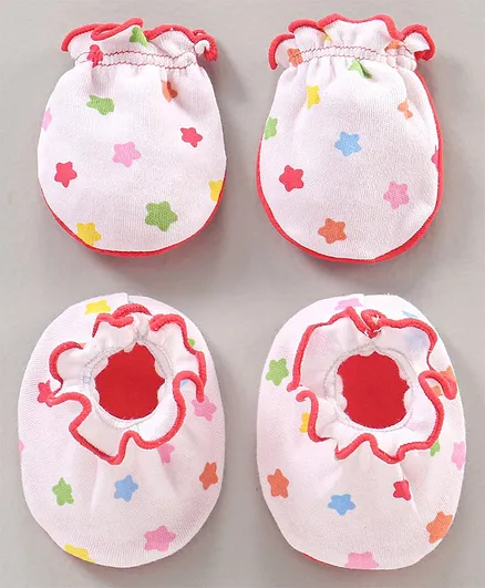 Ben Benny Cotton Mittens and Booties Set Stars Print - White Red
