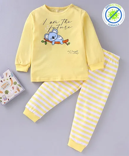 Babyoye 100% Cotton With Anti-Bacterial Finish Full Sleeves Night Suit Koala Print - Yellow