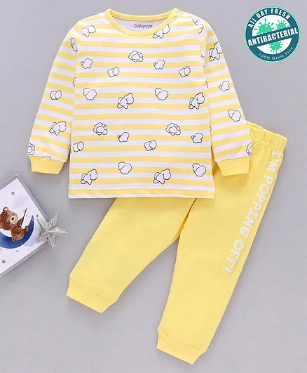 Babyoye 100% Cotton With Anti-Bacterial Finish Full Sleeves Night Suit Striped - Yellow