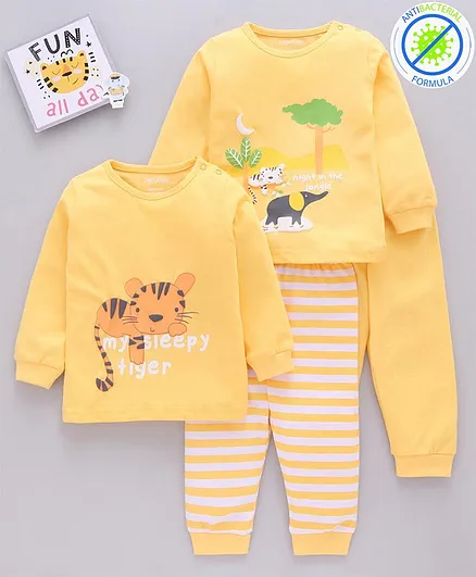 Babyoye 100% Cotton With Anti-Bacterial Finish Full Sleeves Cotton Night Suit Animal Print Pack of 2 - Yellow