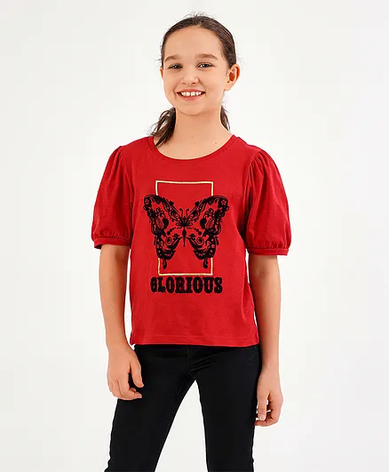Primo Gino Half Sleeves Tshirt Butterfly Print - Red