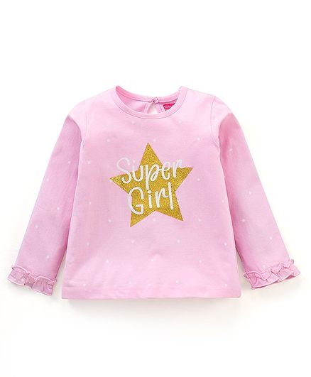 Babyhug Cotton Full Sleeves T-Shirt with Star Graphic and Frill Detailing - Pink