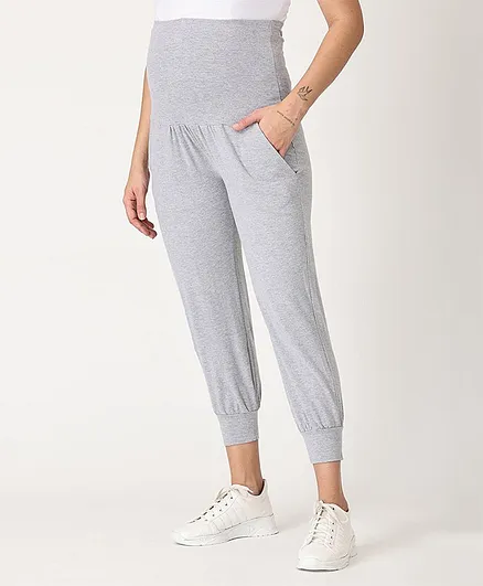 The Mom Store Comfy Belly Over Solid Maternity Joggers - Light Grey
