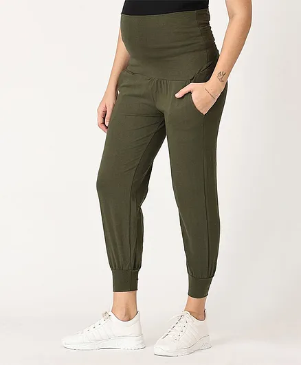 The Mom Store Comfy Belly Over Solid Maternity Joggers - Olive Green
