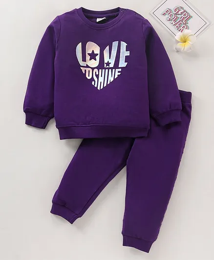 Babyhug Cotton Full Sleeves Top & Lounge Pant Glitter Text Print- Purple