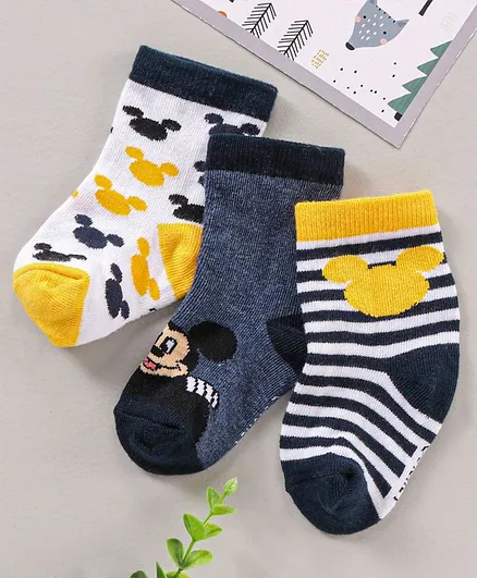 Cute Walk by Babyhug Ankle Length Antibacterial Socks Mickey Mouse & Stripes Design Pack Of 3 - Multicolor