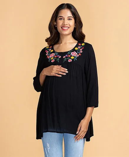 Bella Mama Three Fourth Sleeves Woven Floral Embroidered Maternity Top - Black