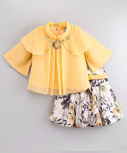 Enfance Full Bell Sleeves Flowers & Pearls Appliqued Top With Floral Printed Skirt - Lemon Yellow