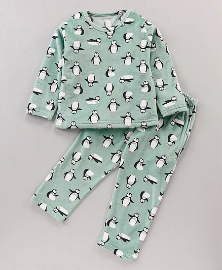 Kanvin Winter Night Suit Extra Warm with Brushed Velour T-Shirt & Pyjama Set Penguin Print - Mint Green