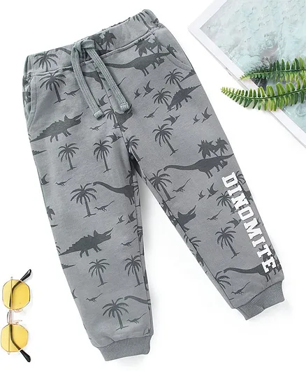 Babyhug Cotton Full Length Lounge Pants  Dino Print- Grey