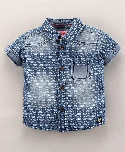 Under Fourteen Only Half Sleeves Abstract Denim Shirt - Blue