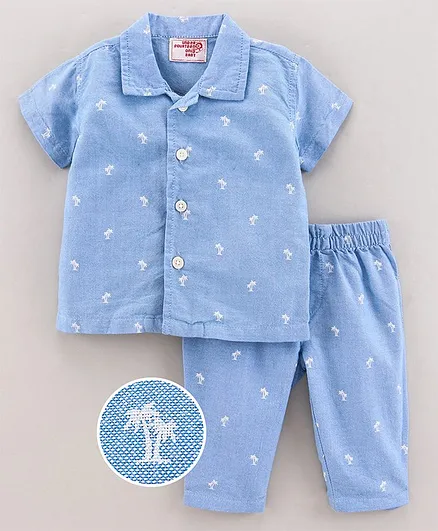 Under Fourteen Only Half Sleeves Palm Tree Printed Night Suit - Blue