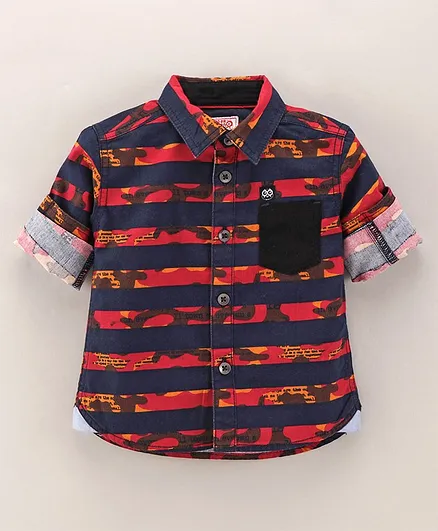 Under Fourteen Only Full Sleeves Camouflage Printed & Striped Shirt - Navy Blue & Red