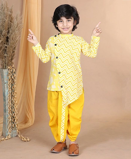 CHAKORI Full Sleeves All Chevron With Jaipuri Floral Printed Asymmetrical Kurta With Coordinating Hem Detailed Dhoti - Yellow