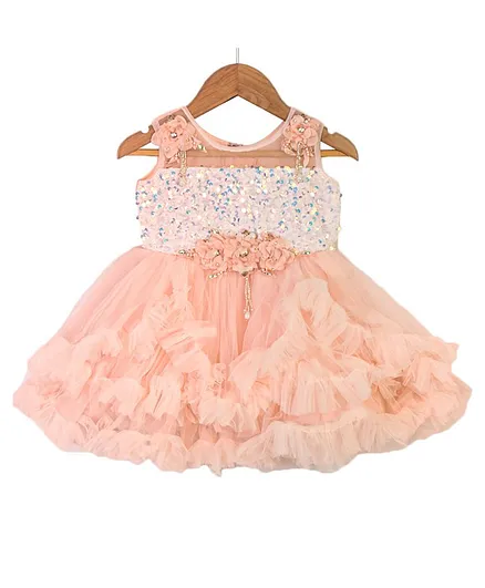 Enfance Sleeveless Sheer Yoke Sequin & Corsage Detailing Bodice Fit & Flare Party Wear Dress - Peach