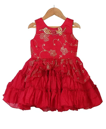 Enfance Sleeveless Foil Printed Flower Applique Peplum Style Tiered Flare Party Wear Dress - Pink