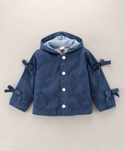 Under Fourteen Only Full Sleeves Bow Detail Solid Hoodie Jacket - Blue