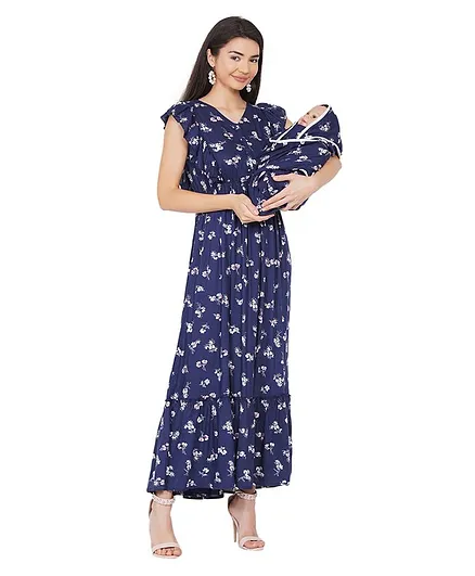 Mine4Nine Cap Sleeves All Over Floral Printed Kaftan Maternity Maxi Dress & Matching Baby Wrapper Set - Navy Blue