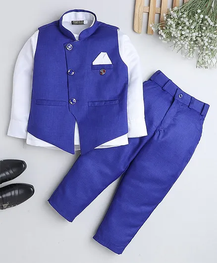 Fourfolds Full Sleeves Solid Shirt With Waistcoat & Coordinating Pant - Blue